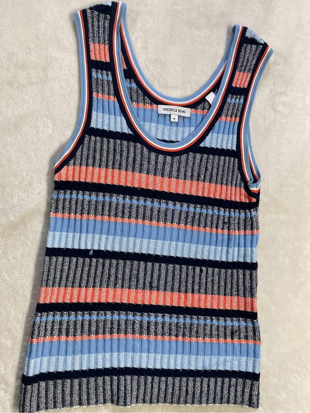 Veronica Beard Ribbed Striped Knit Tank Blue & Coral Summer Fall Relaxed Casual